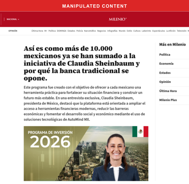 Fabricated Milenio-branded article describing a fake investment initiative attributed to President Claudia Sheinbaum, explaining how the fake platform supposedly works