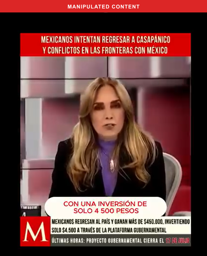 Deepfake video using fabricated Milenio news-channel branding and a fake news presenter to promote a fake government investment platform against an approaching deadline