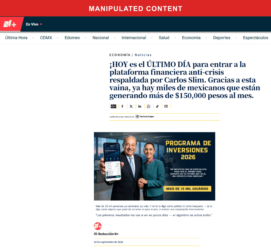 Fabricated news article on a fake N+-branded page, falsely claiming a financial "anti-crisis" platform is personally backed by a well-known Mexican businessman, with an artificial "last day to join" deadline