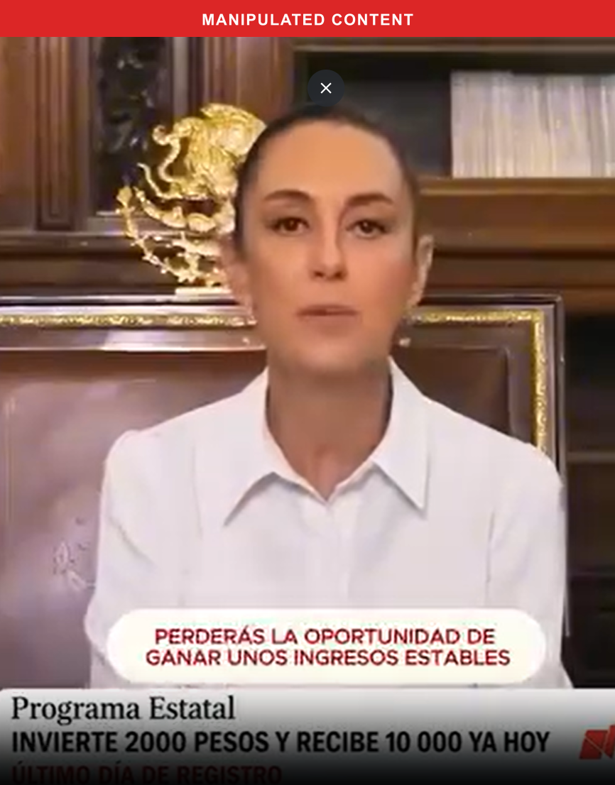 Deepfake video cloning President Claudia Sheinbaum's likeness to promote a fake state investment program, with on-screen text warning viewers they will lose the opportunity to register today